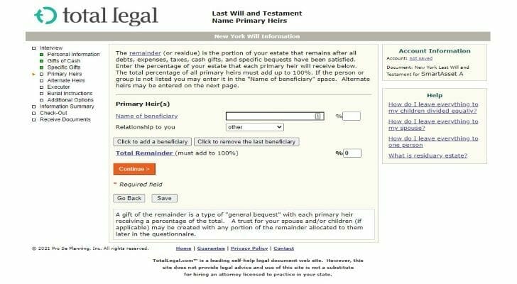 TotalLegal网站的图片显示了一个屏幕截图遗嘱问卷形式。伟德ios appSmartAsset回顾TotalLegal看到它如何叠加对其他遗产规划网站。