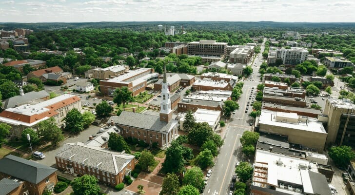 Image shows an aerial view of Chapel Hill, North Carolina. SmartAsset analyzed data from various sources to identify and rank the most livable college towns in the U.S.