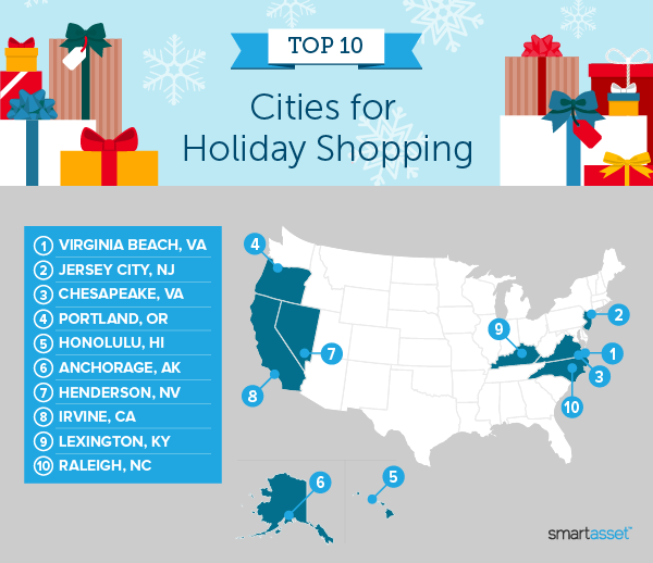 Image is a map by SmartAsset titled "Top 10 Cities for Holiday Shopping."