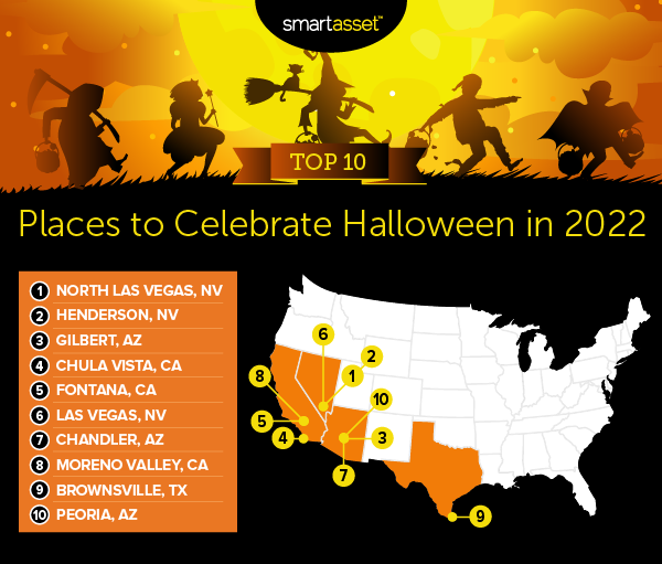 Image is a map by SmartAsset titled "Top 10 Places to Celebrate Halloween in 2022."