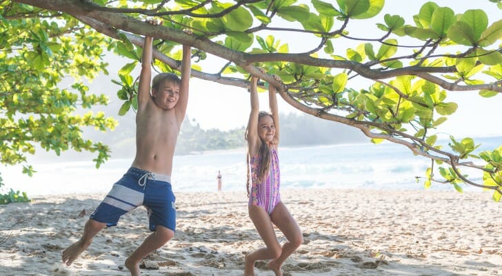 Two young siblings hand from a tree branch at a Hawaiian beach.