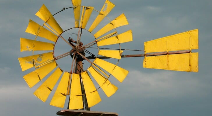 Yellow windmill near Billings, Montana