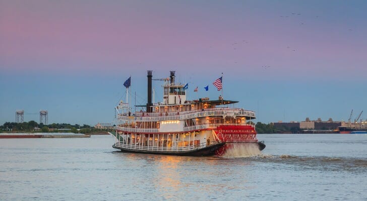 Paddle steamer on the Mississippi River