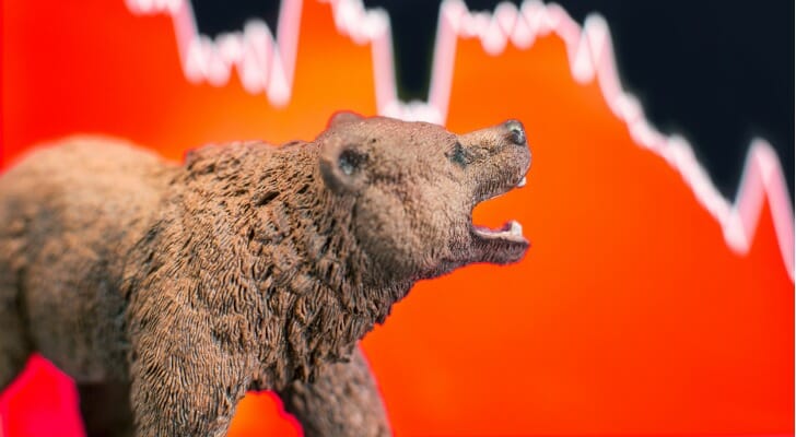A bear with a stock chart in the background