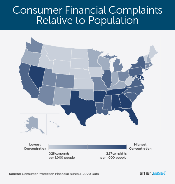 Image is a heat map by SmartAsset titled "Consumer Financial Complaints Relative to Population."