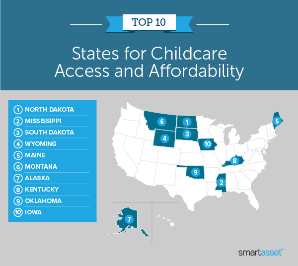 Image is a map by SmartAsset titled "Top 10 States for Childcare Access and Affordability."