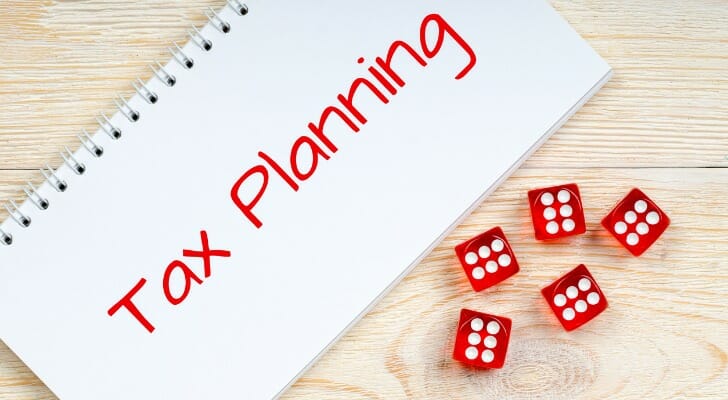 Tax planning notebook with some dice
