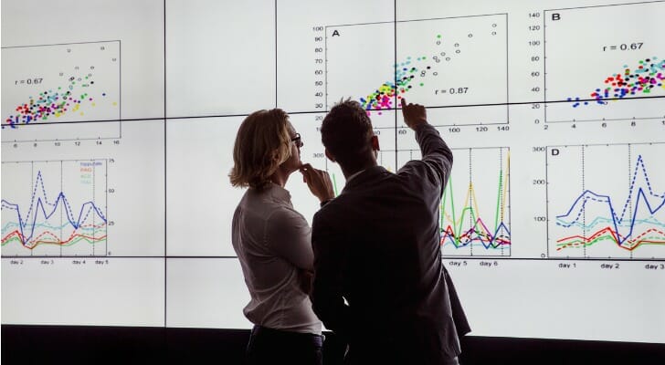 Two employees viewing a large data screen