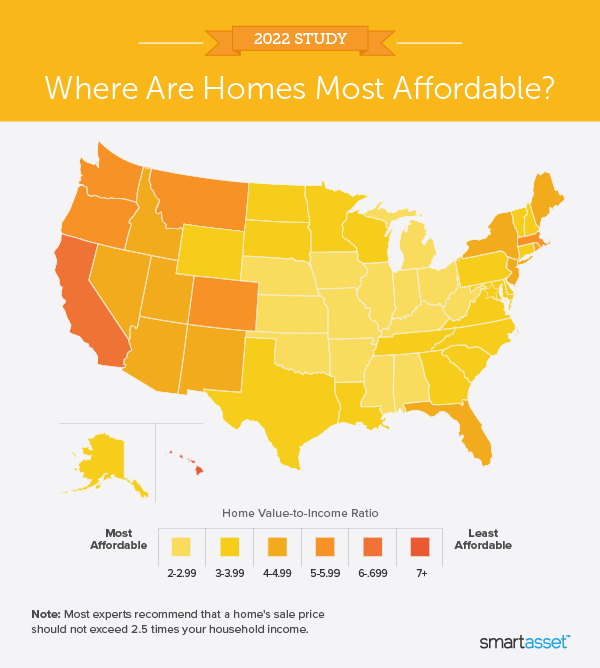 Image is a map by SmartAsset titled "Where Are Homes Most Affordable?"