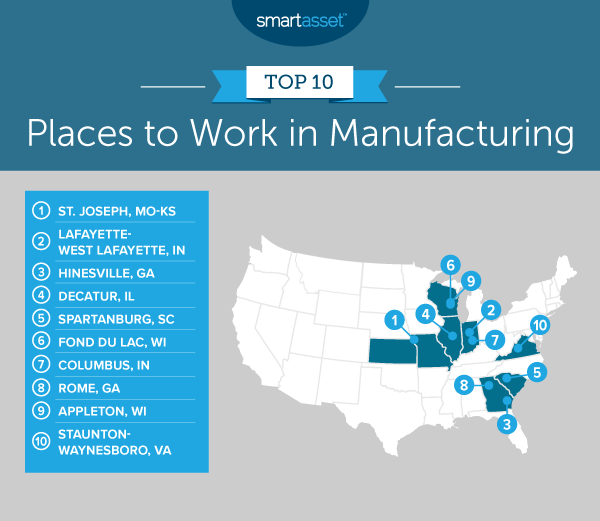 Image is a map by SmartAsset titled, "Top 10 Places to Work in Manufacturing."