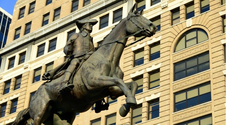 A statue of Caesar Rodney, a signer of the Declaration of Independence and President of Delaware, on his trusty steed.