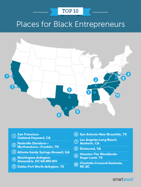 Image is a map by SmartAsset titled "Top 10 Places for Black Entrepreneurs."