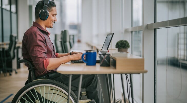 An office worker in a wheelchair