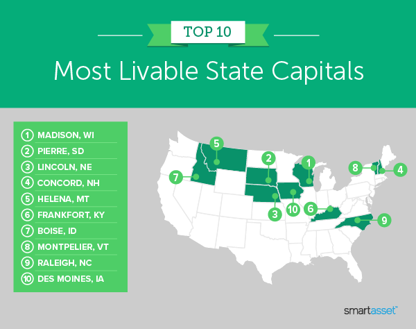 Image is a map by SmartAsset titled "Top 10 Most Livable State Capitals."