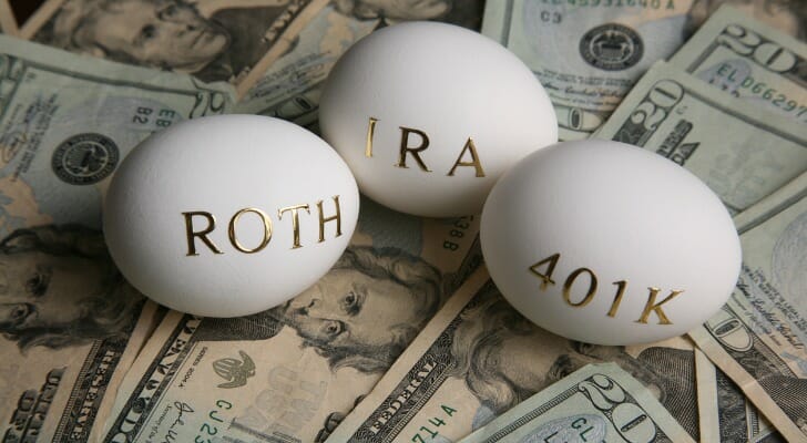 Three eggs, marked ROTH, IRA and 401K lying on top of cash