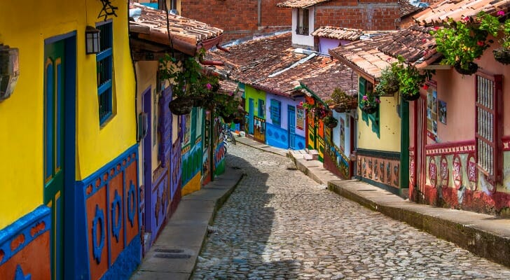 A hilly cobblestone street in Guatape, a town on the outskirts of Medellín, Colombia.