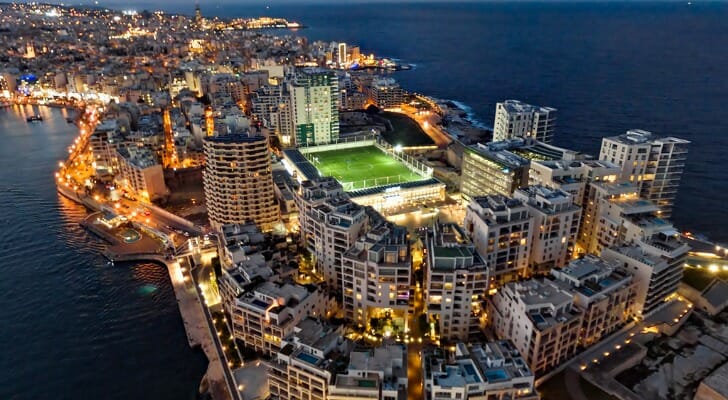 An aerial view of Sliema, Malta, at dusk