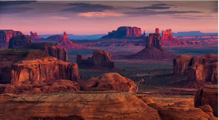 Sunrise in Hunts Mesa Navajo tribal majesty place near Monument Valley, Arizona