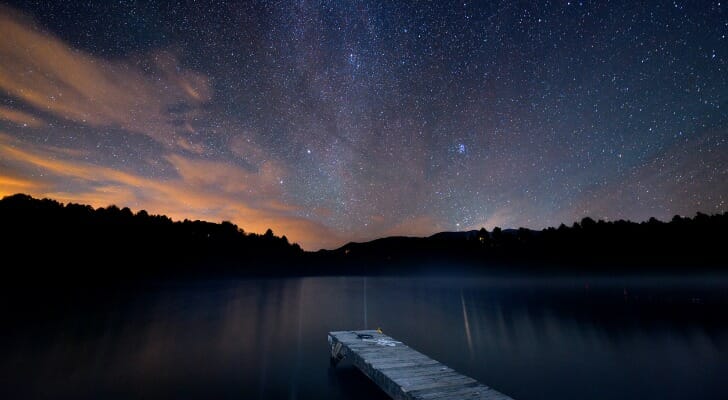 Nighttime on the shore of a lake near Stowe, Vermont, with the Milky Way clearly visible