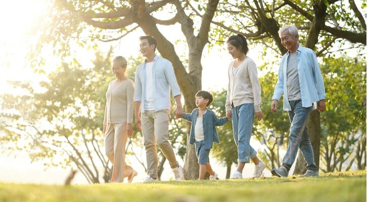 Three generations of a family walking in a park