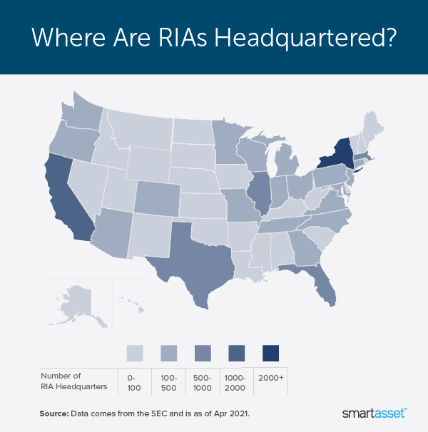 Image is a heat map by SmartAsset titled "Where Are RIAs Headquartered?"
